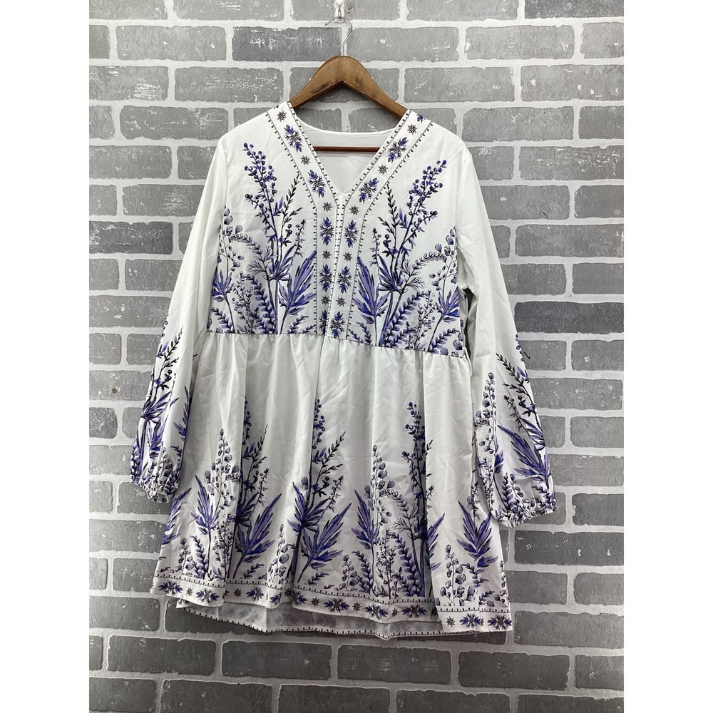 Cupshe Women XL White Purple Floral V-Neck Babydoll Mini Dress Long Sleeve NWT